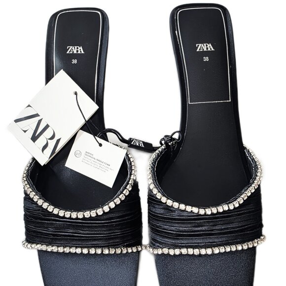Zara Black Rhinestone High Heel Sandals Size 7.5 US 38 Square Toe Slip On New - Picture 7 of 12
